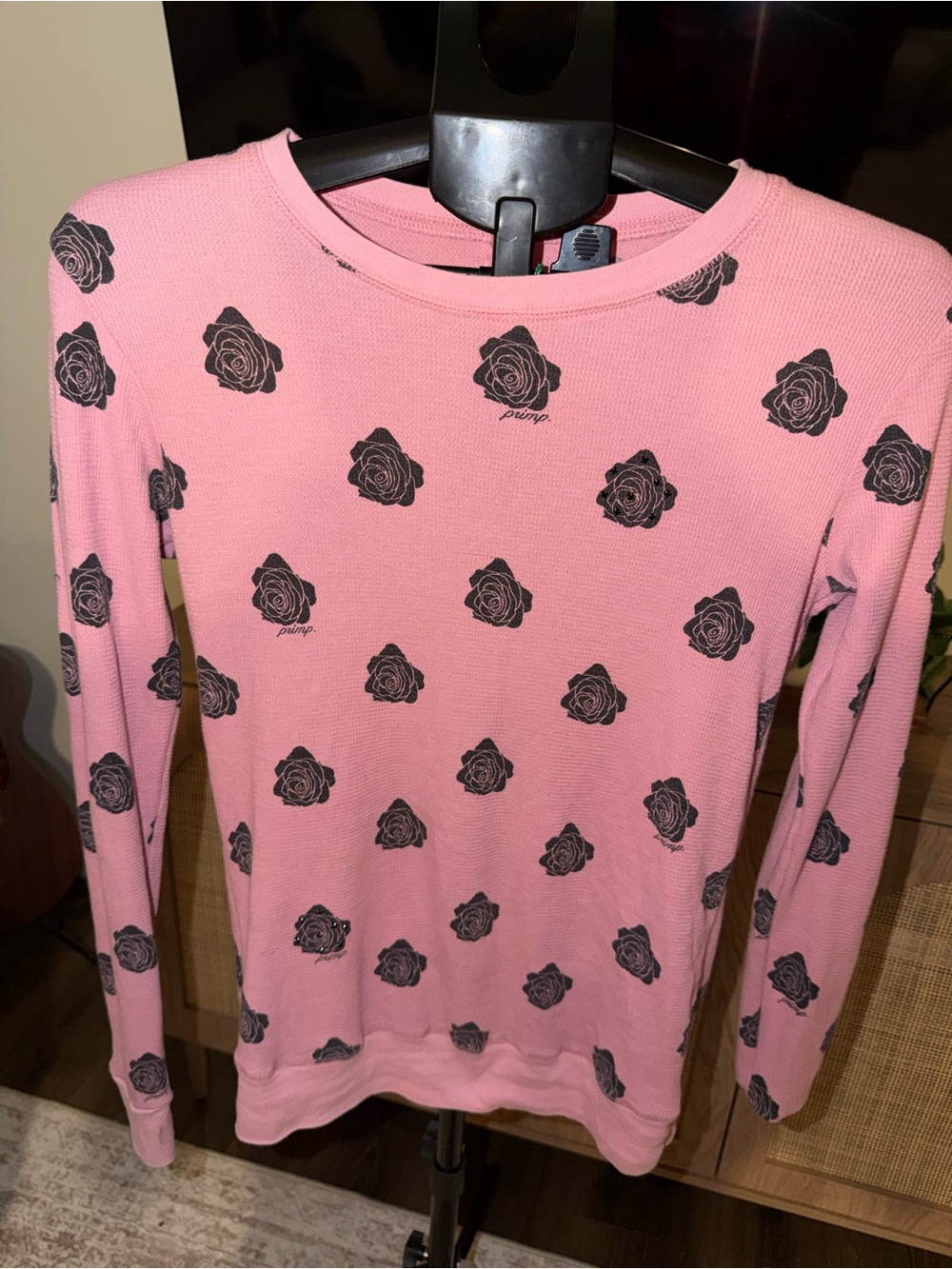 Primp Pink Long Sleeve Tee with Black Rose Print